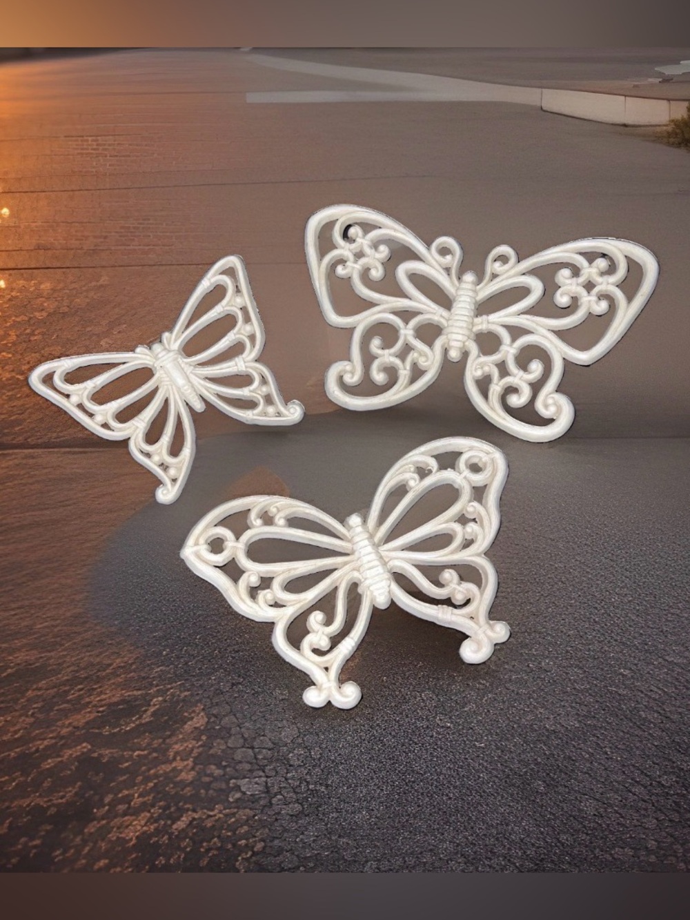 Vtg Homco Butterfly Wall Decor Set 3 Off White Filigree 7537 Plastic 70s USA